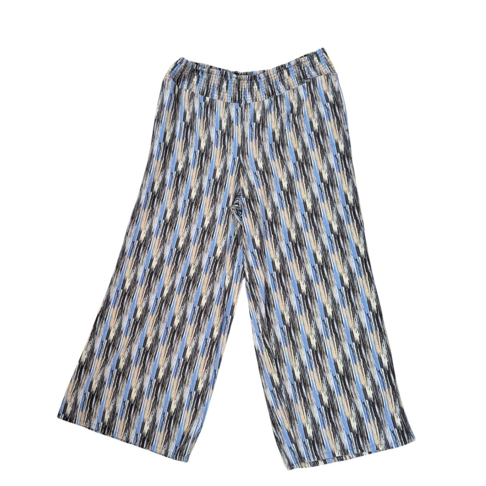 Passports Wide Leg Pants Womens XL Blue Tan Linen Blend Smocked Abstract Crop